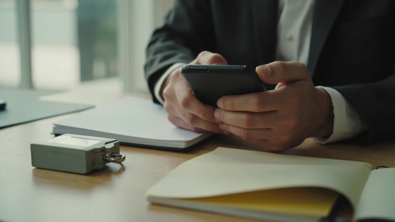 User putting a phone beside a closed notebook and lockbox