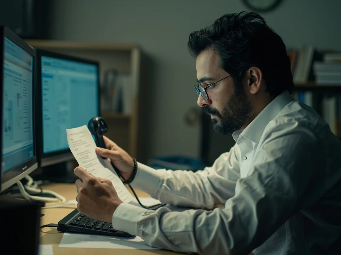 Editor cross-checking a phone and paper fixture list in a newsroom