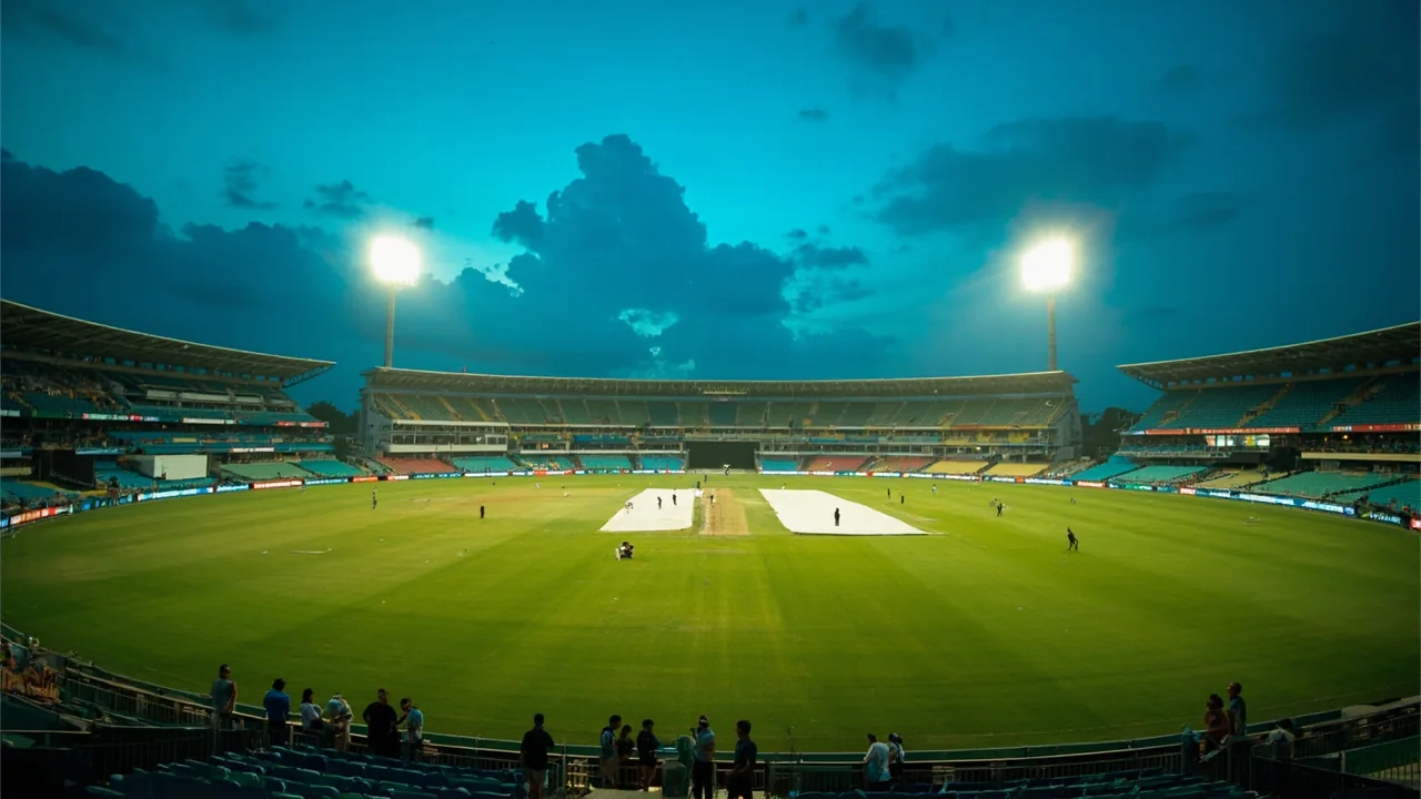 Cricket season planning board beside an empty stadium field