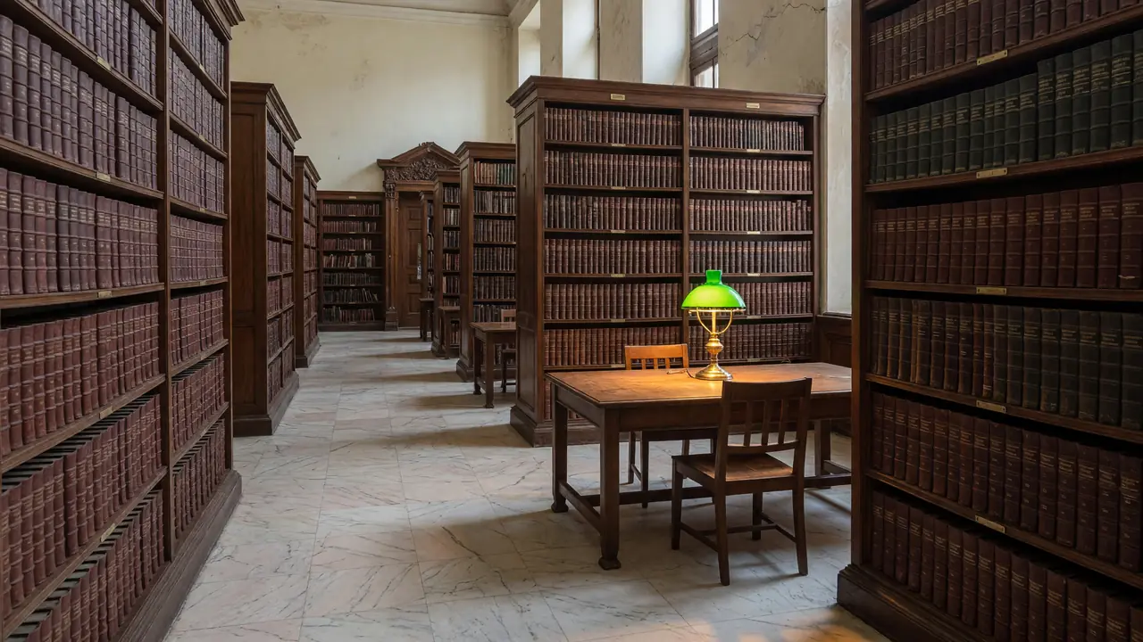 Tall wooden book stacks of an Indian legal reference library with leather-bound volumes and a single banker's lamp on an empty reading table