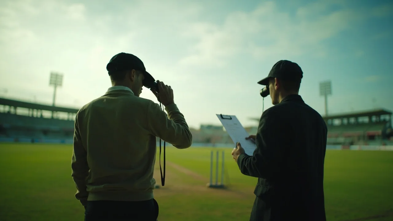 Cricket analysts studying venue and lineup notes before a match