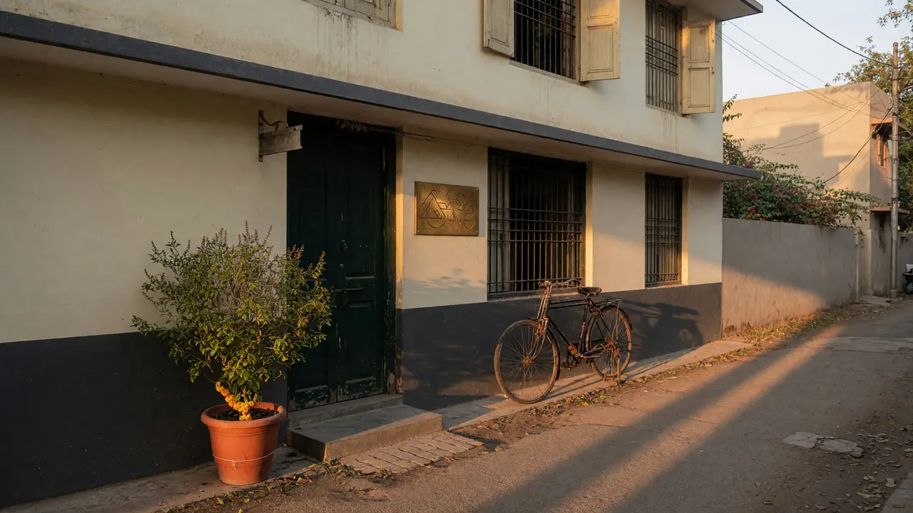Street-level exterior of a small Indian editorial office building with a cream-and-charcoal facade, brass nameplate with abstract marks, and a bicycle leaning against the window grille in late afternoon light