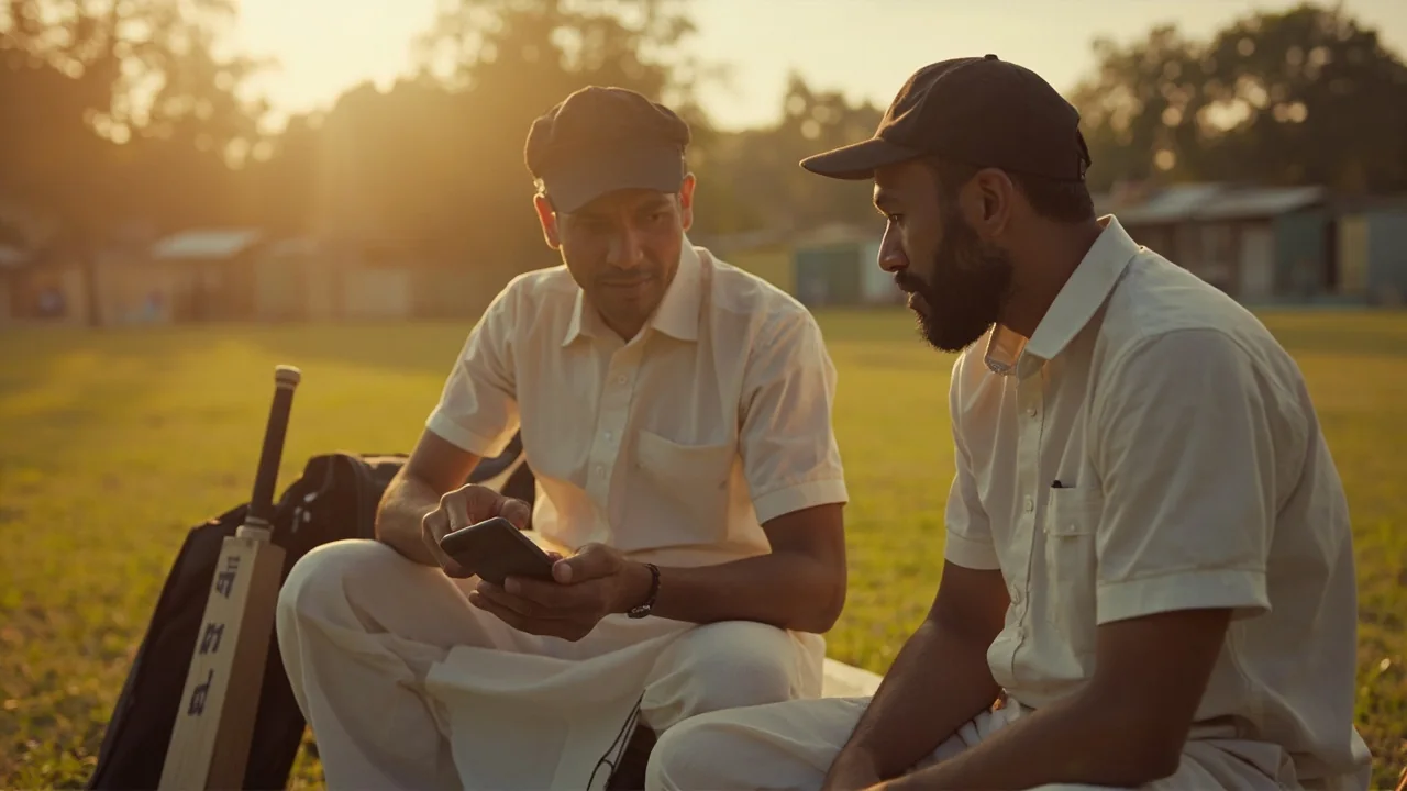 Two cricket friends checking a blank phone after practice