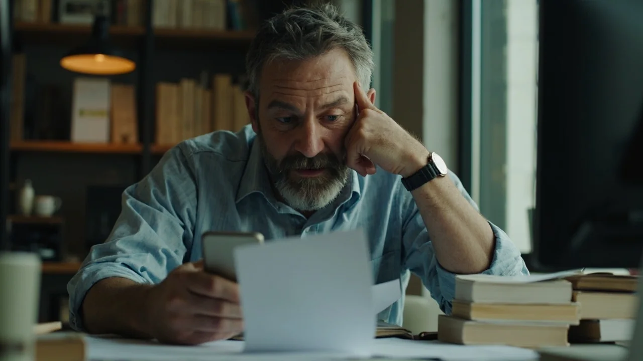 Investigative editor comparing blank checklists and a phone