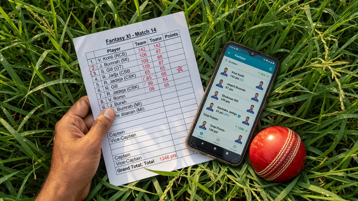 A hand-held fantasy scorecard with a phone open beside it on grass at a cricket ground