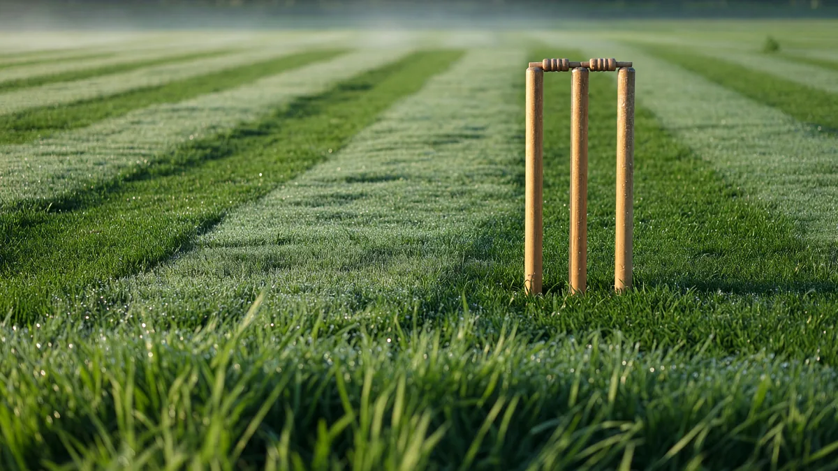 A close-up of a fresh green cricket pitch with stumps in the foreground