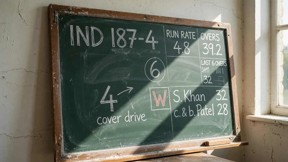 Close-up of a chalkboard-style scoring board with cricket run totals
