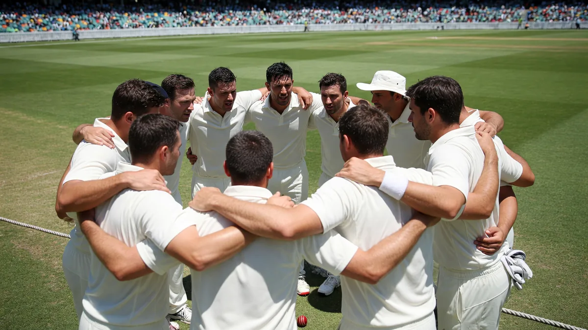 A cricket team in a huddle at mid-innings break, daytime stadium